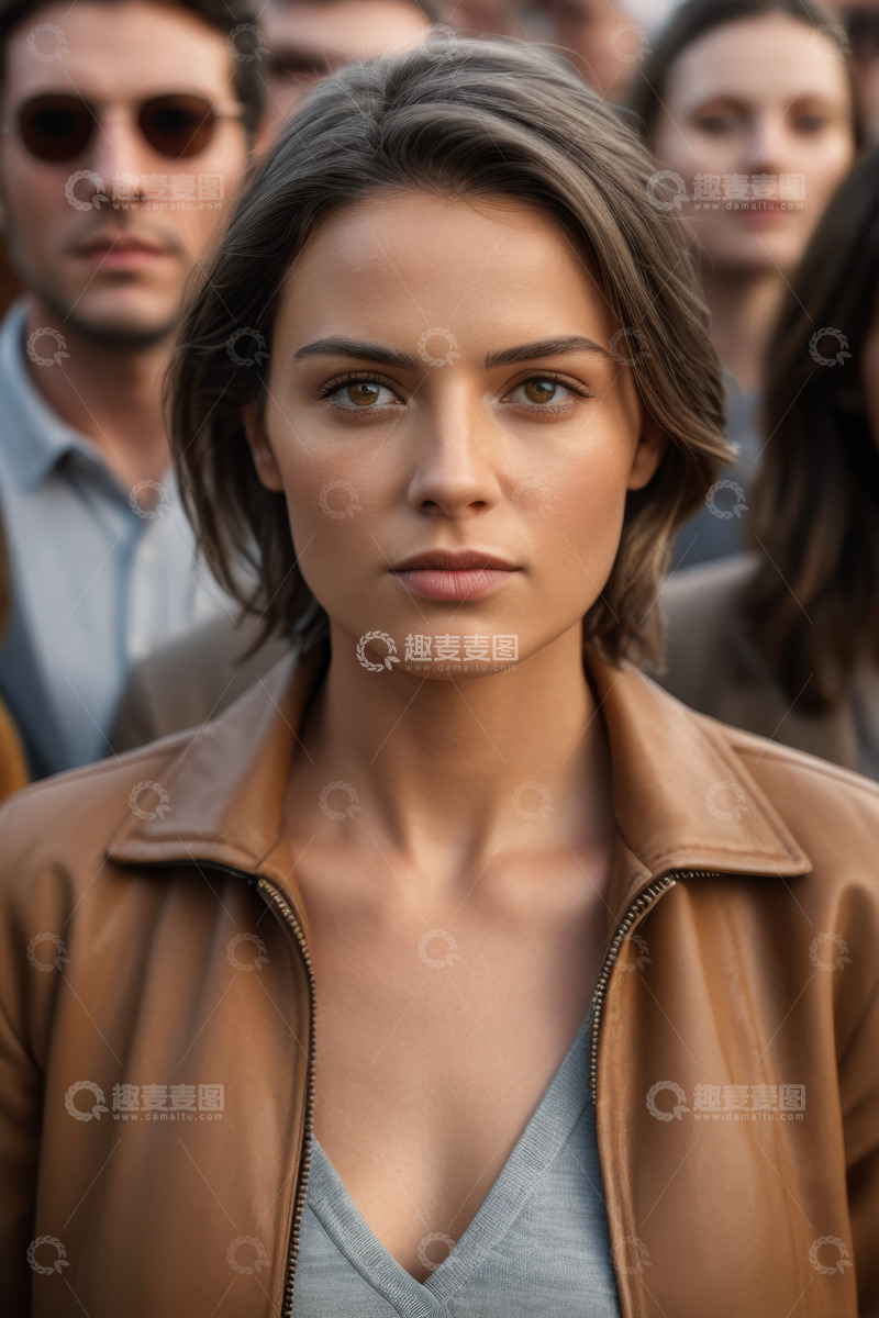 高清大图下载【趣麦麦图】短发女子穿着皮夹克的特写