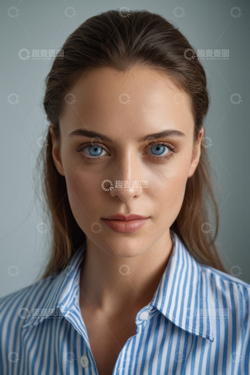 高清大图下载【趣麦麦图】穿条纹衬衫的蓝眼女性特写