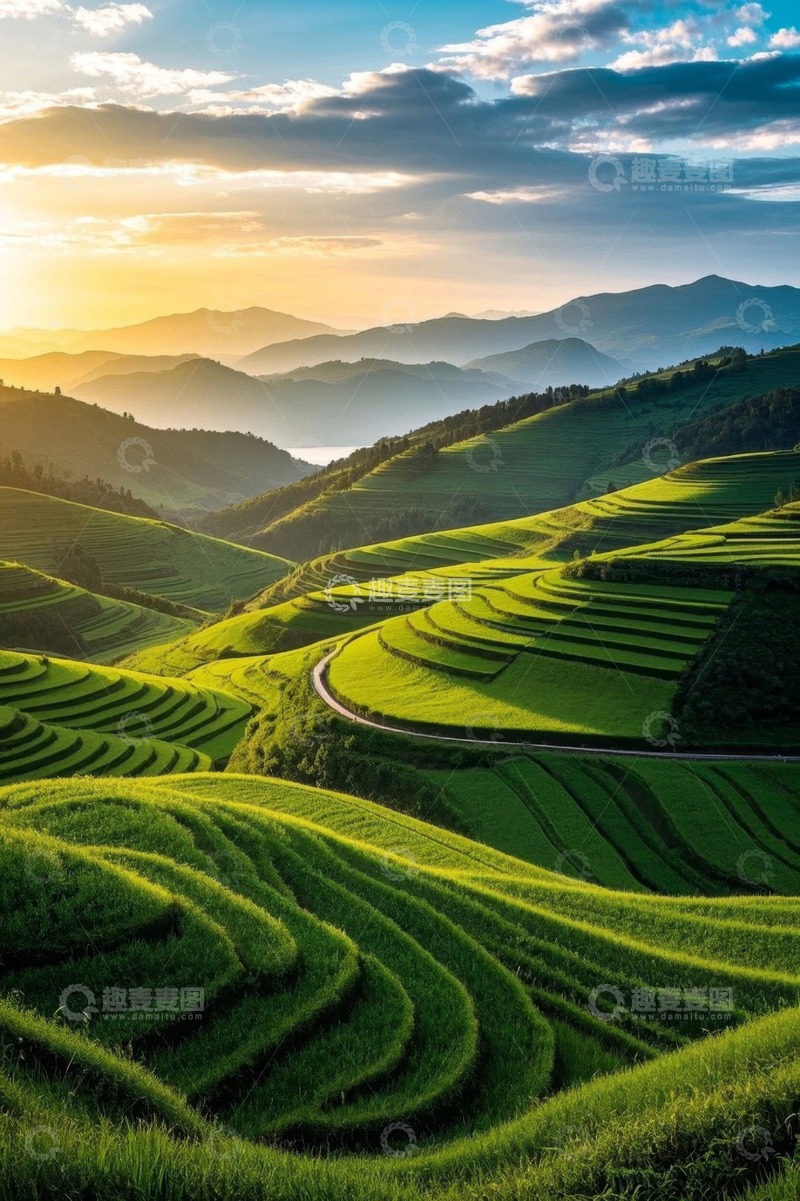 高清大图下载【趣麦麦图】夕阳下的山间梯田风光
