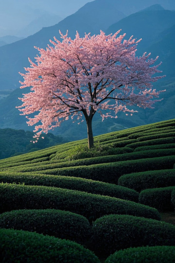 茶园中盛开的樱花树