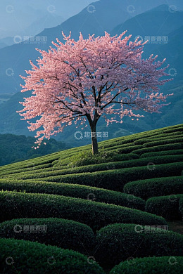 高清大图下载【趣麦麦图】-茶园中盛开的樱花树