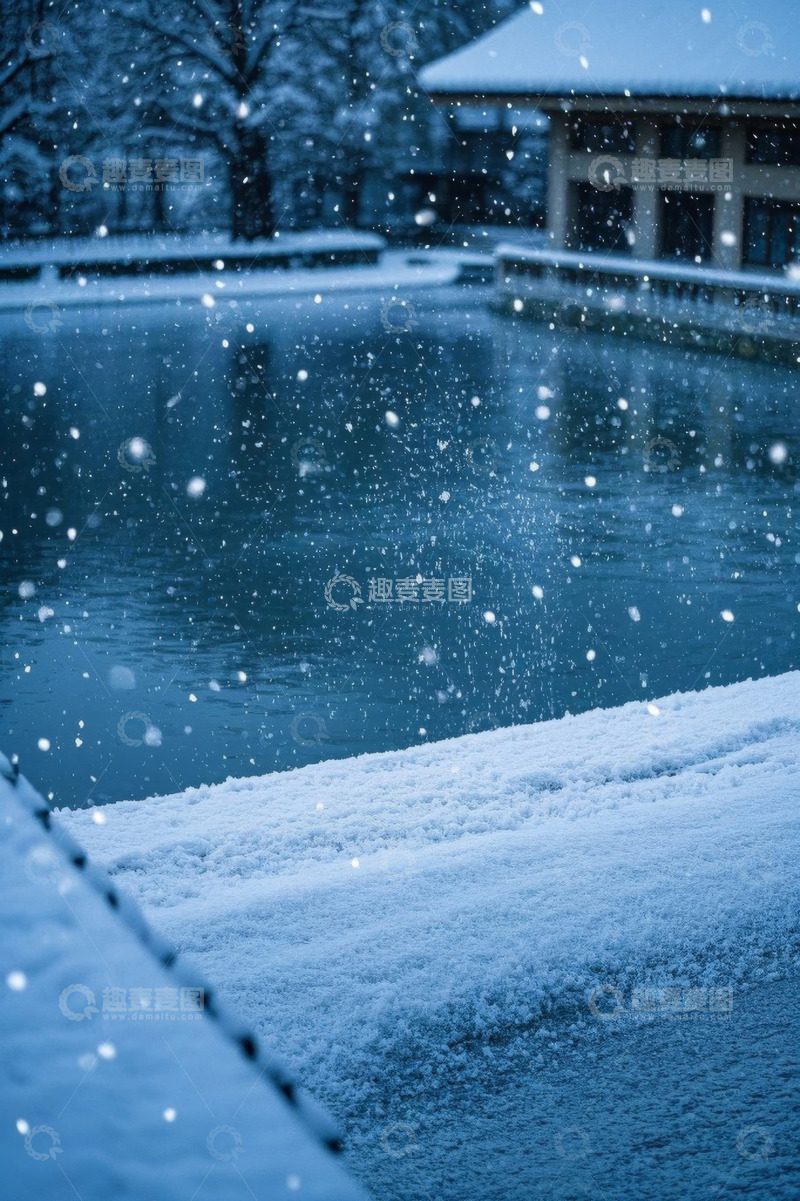 高清大图下载【趣麦麦图】户外雪景中的建筑与湖水