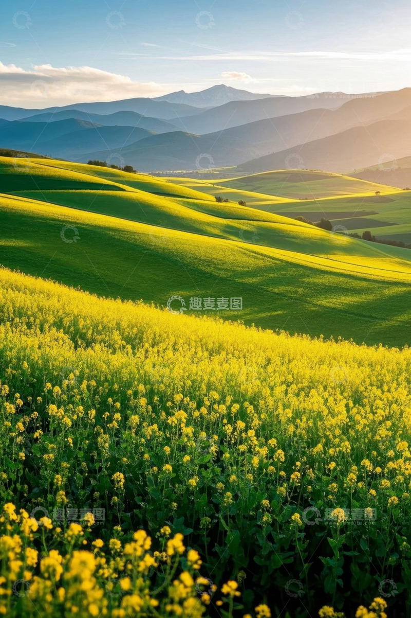 高清大图下载【趣麦麦图】山间黄色花海田园风光