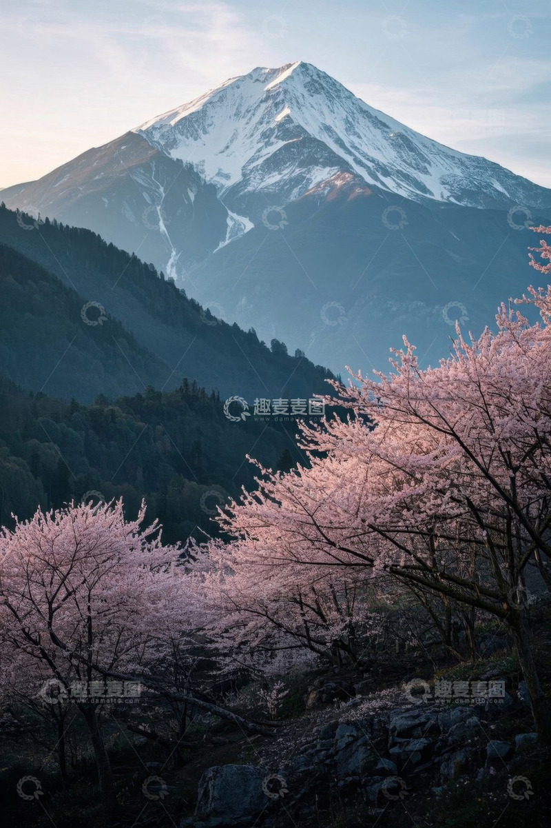 高清大图下载【趣麦麦图】富士山下盛开的樱花景观