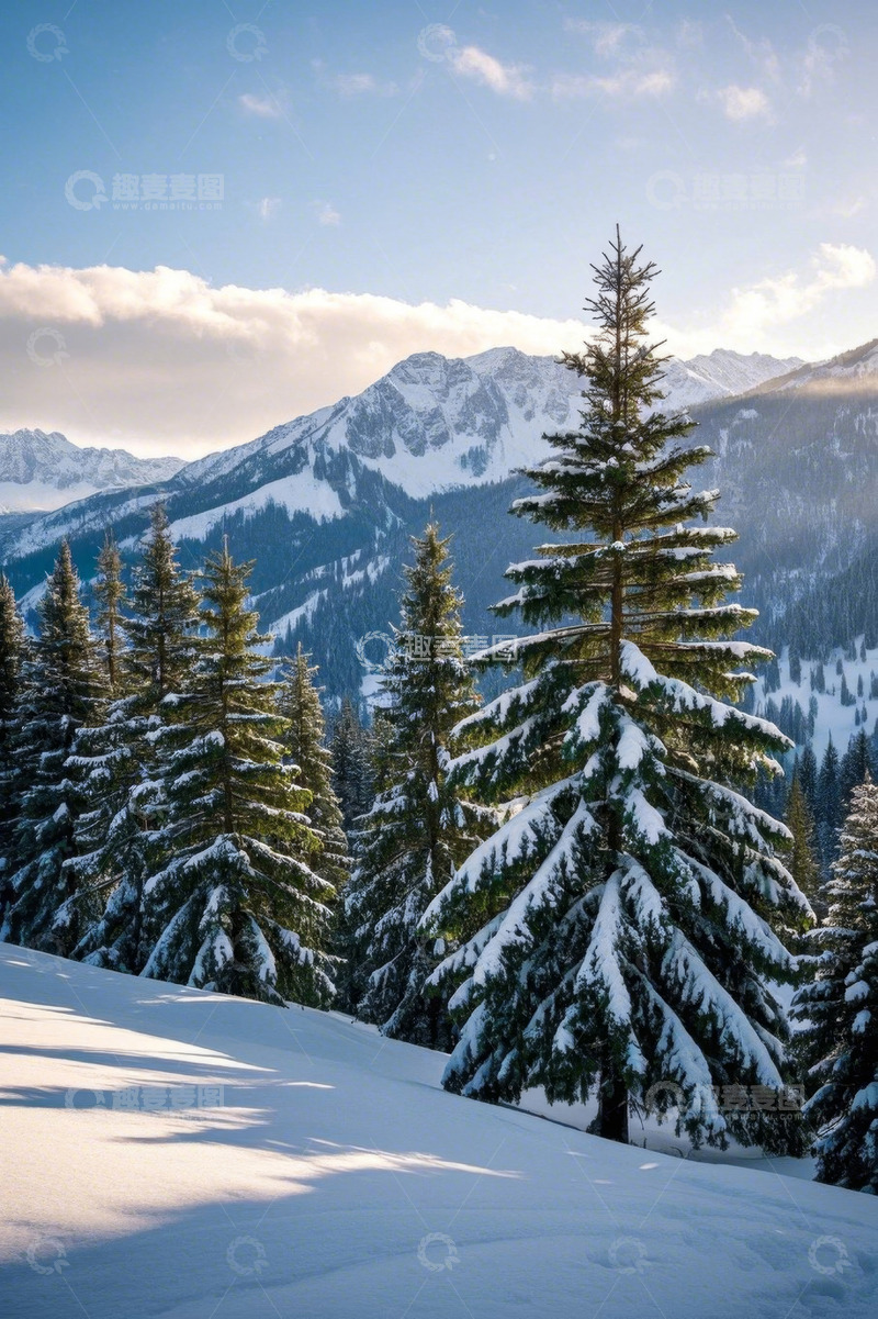 高清大图下载【趣麦麦图】-雪山下覆盖积雪的森林景象