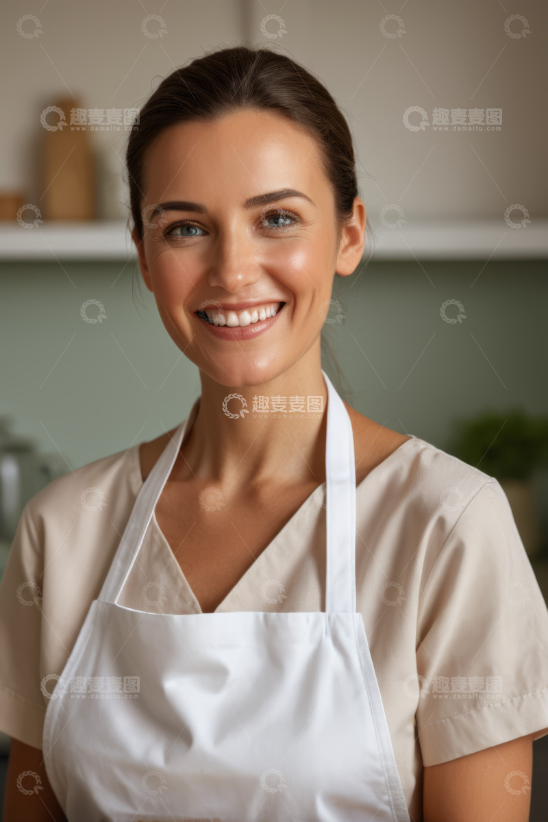 高清大图下载【趣麦麦图】穿围裙微笑的年轻女性
