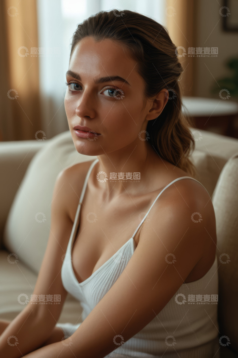 高清大图下载【趣麦麦图】坐在沙发上的年轻女性肖像