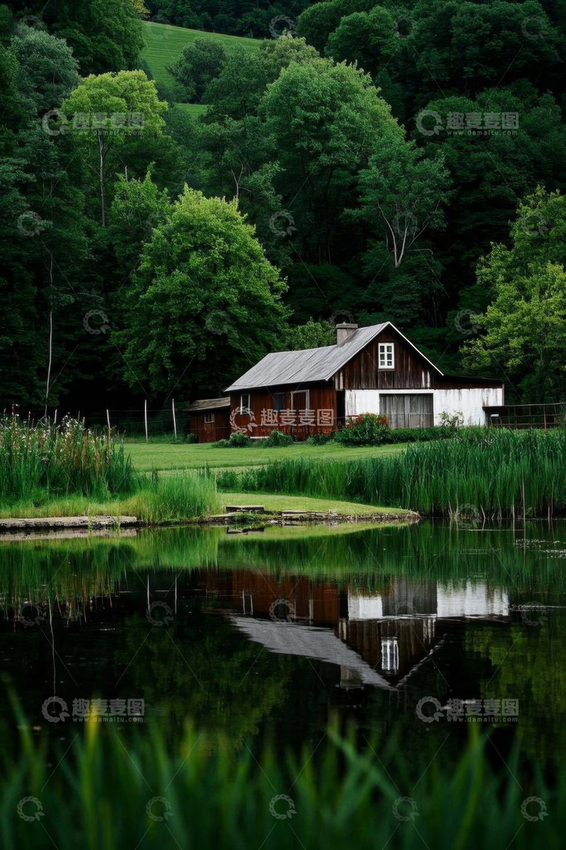 高清大图下载【趣麦麦图】湖畔森林中的木屋风景