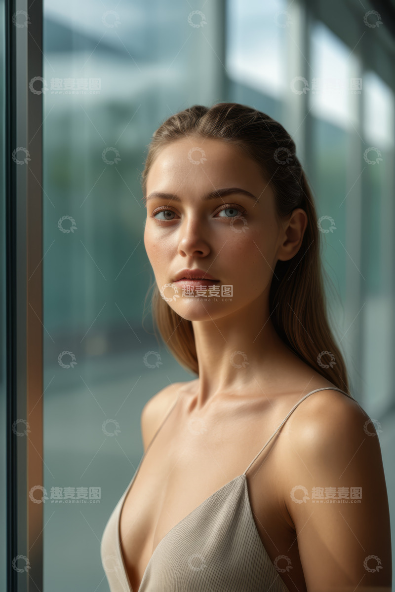 高清大图下载【趣麦麦图】窗边年轻女子肖像特写