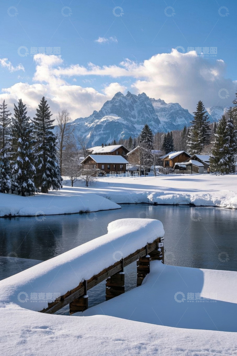 高清大图下载【趣麦麦图】冬日雪山下的湖畔木屋风景