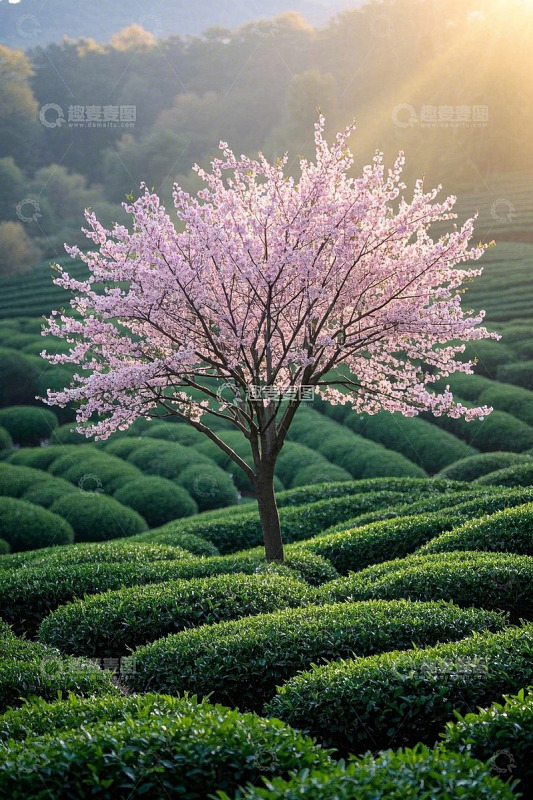 茶园中盛开的樱花树
