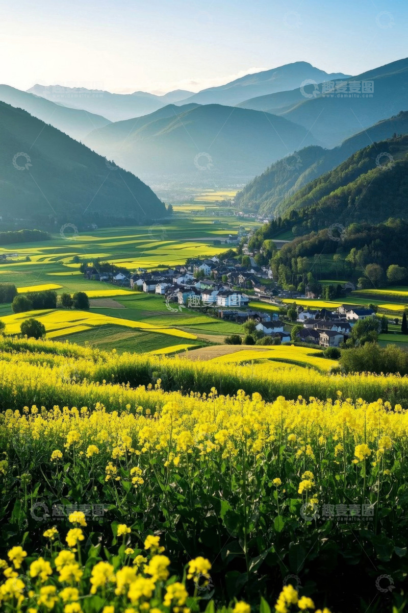 高清大图下载【趣麦麦图】山间油菜花田与村落风光