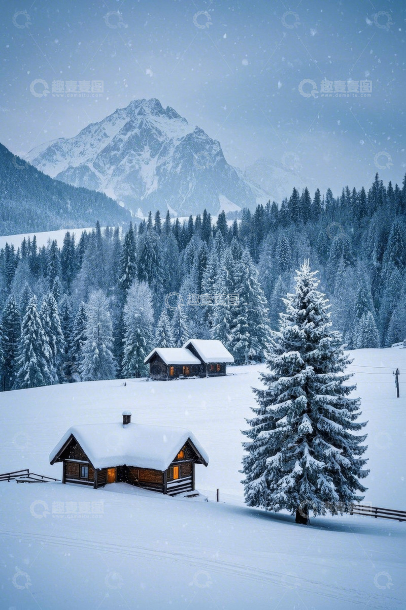 高清大图下载【趣麦麦图】雪山下森林旁的雪中小木屋