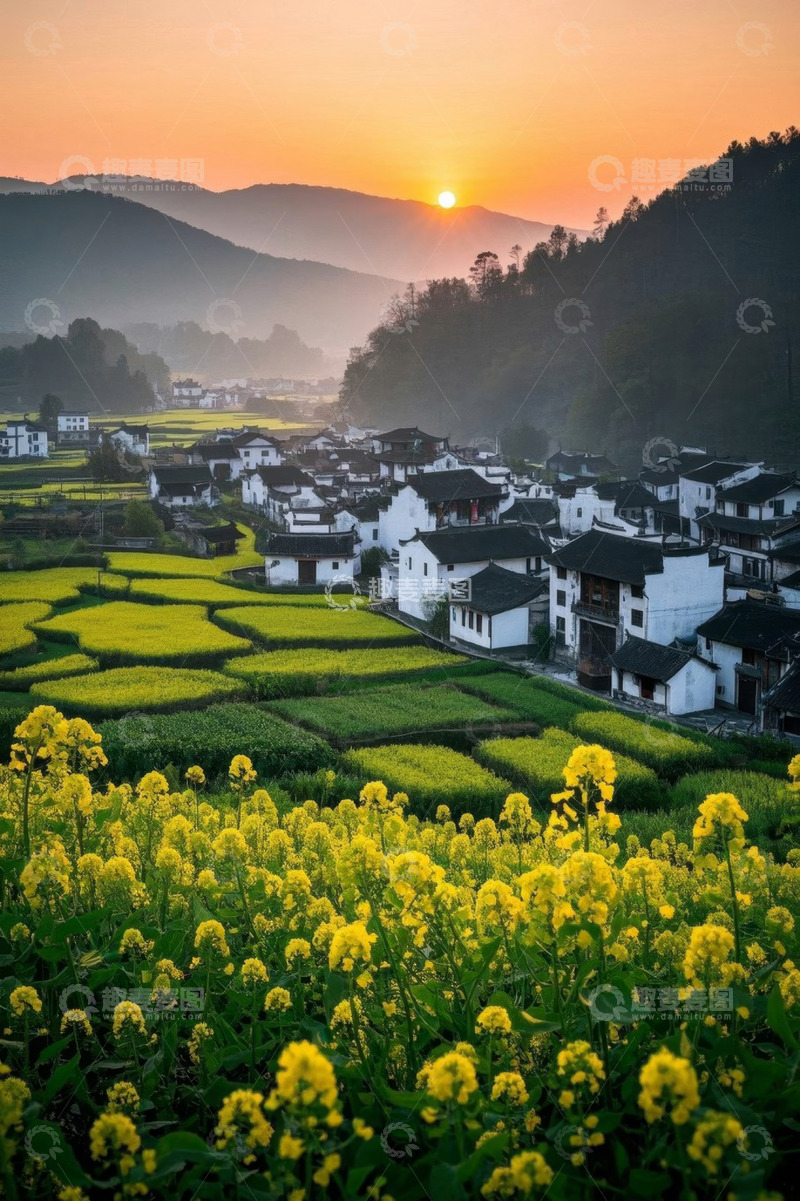 高清大图下载【趣麦麦图】山村日出油菜花田景观