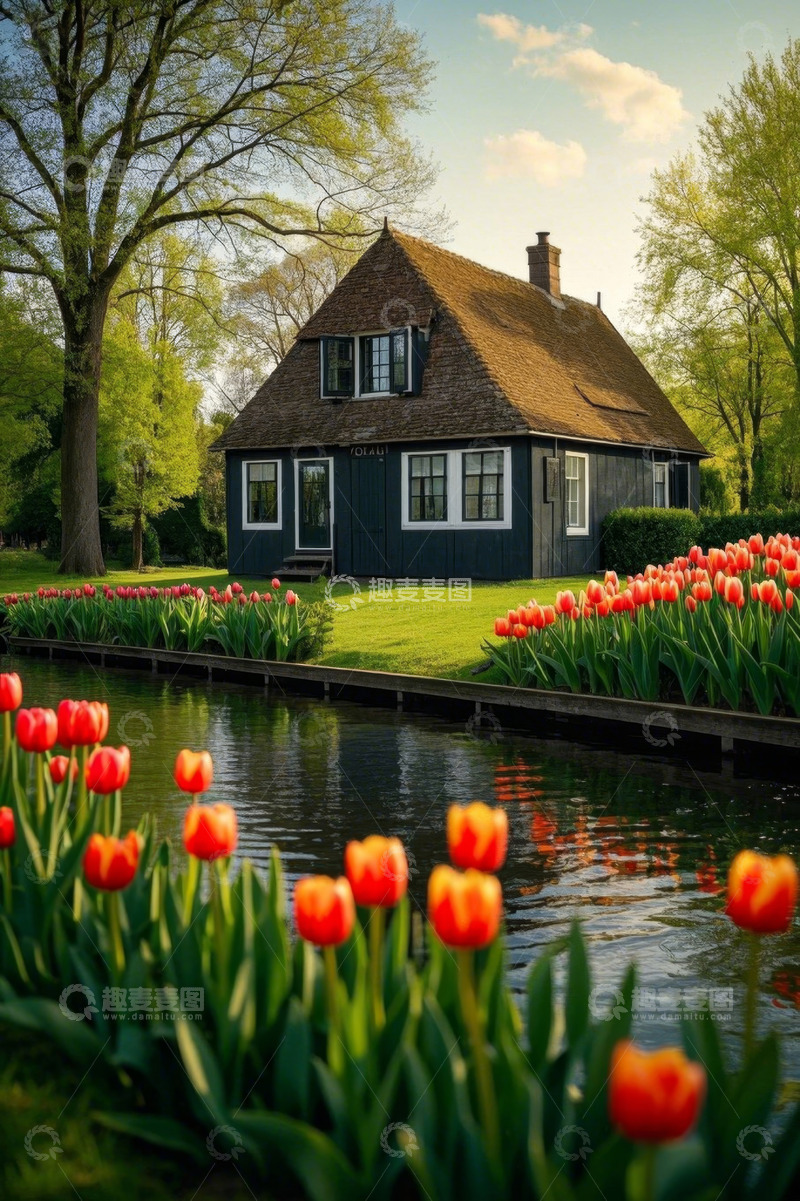 高清大图下载【趣麦麦图】河畔小屋与盛开的郁金香景观