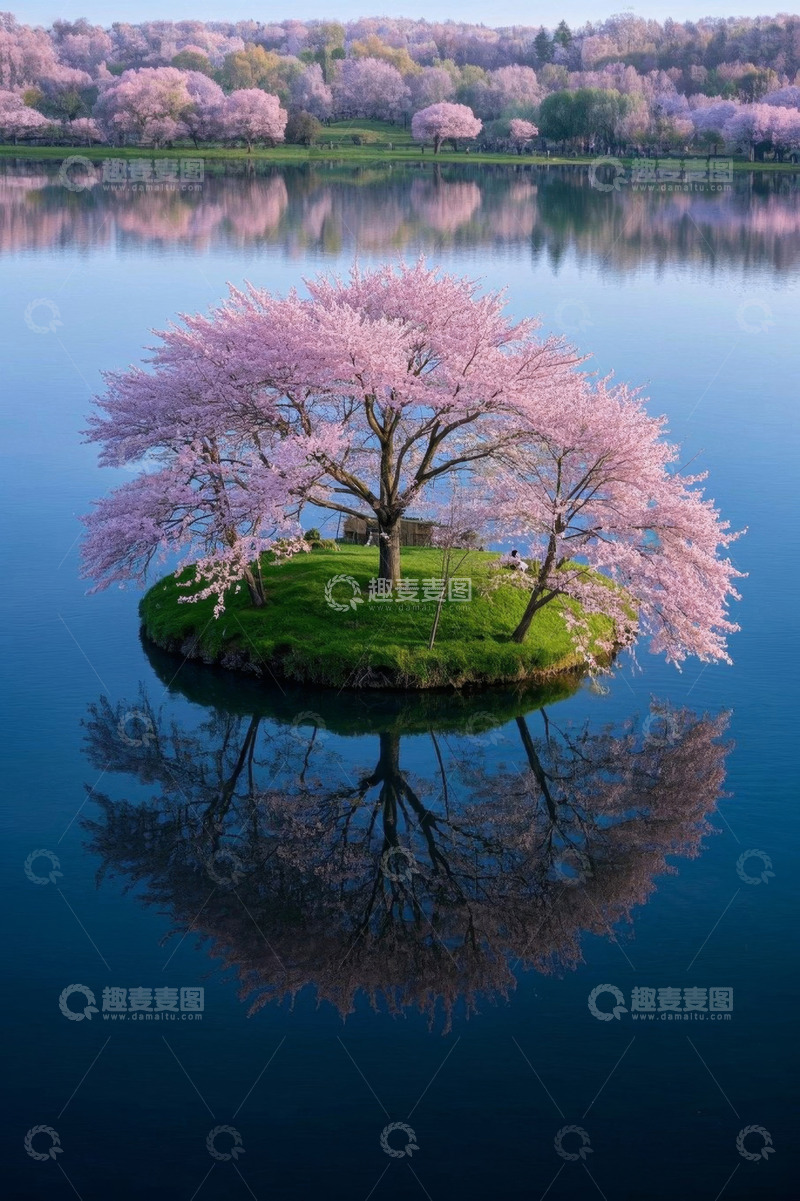 高清大图下载【趣麦麦图】湖心岛盛开的粉色樱花树