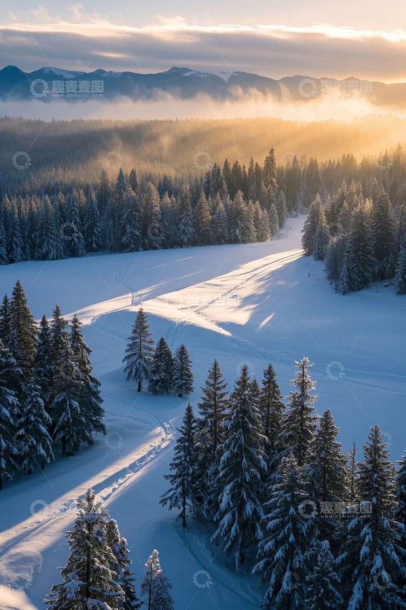高清大图下载【趣麦麦图】冬日雪林日出全景