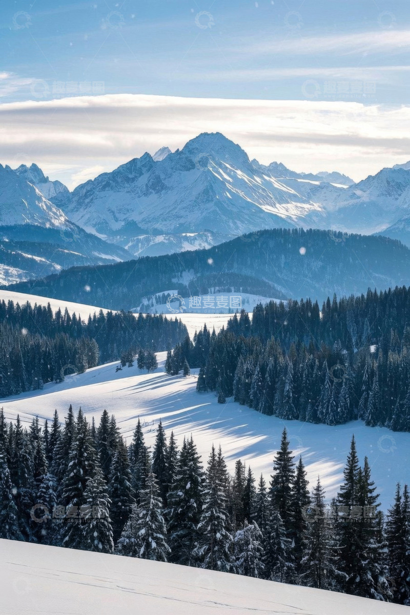 高清大图下载【趣麦麦图】雪山下的森林雪景风光