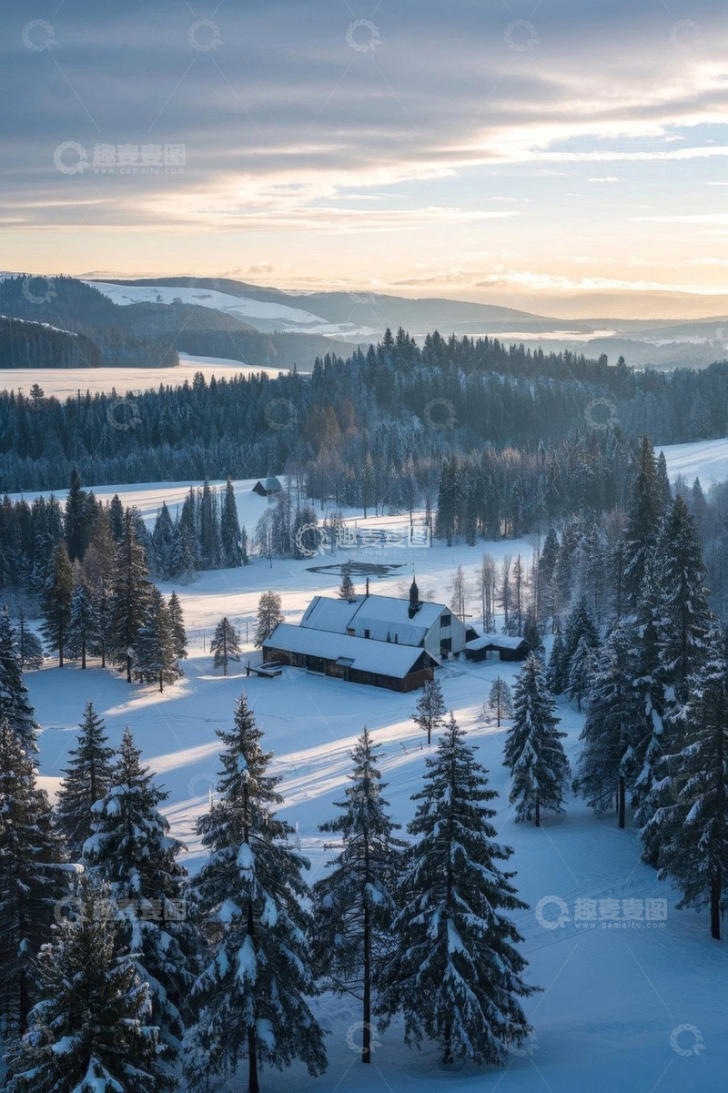 高清大图下载【趣麦麦图】雪后山林中的小屋风光
