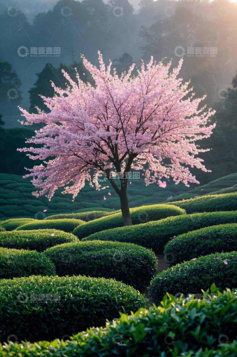高清大图下载【趣麦麦图】茶园中盛开的樱花树
