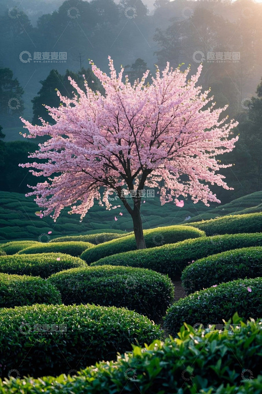 茶园中盛开的樱花树