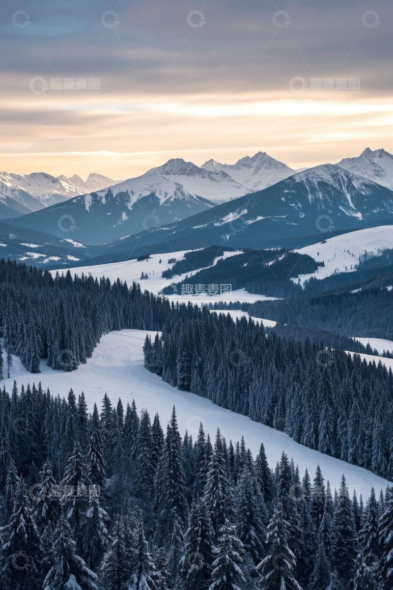 高清大图下载【趣麦麦图】雪覆山林与远处雪山景观