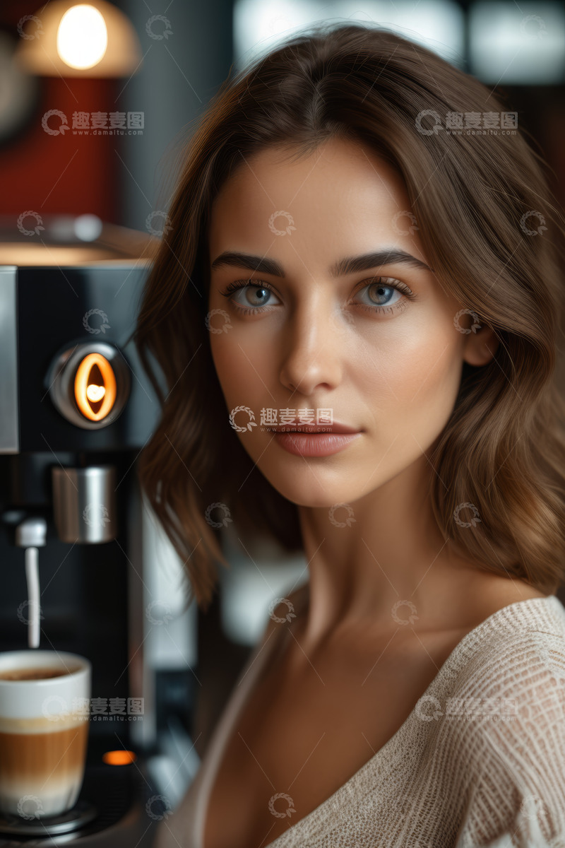 高清大图下载【趣麦麦图】年轻女子在咖啡机前的肖像
