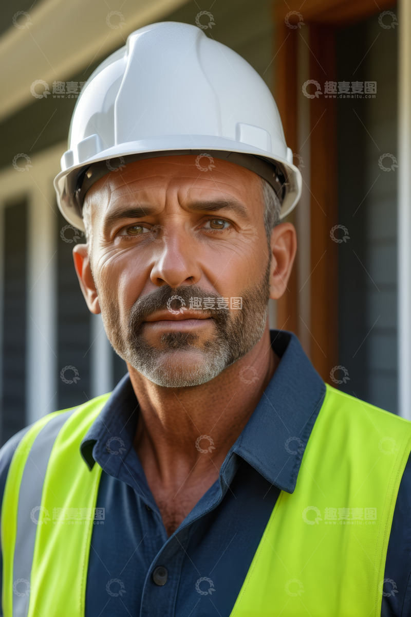 高清大图下载【趣麦麦图】戴安全帽穿反光背心的工人