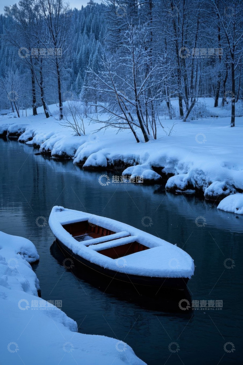 高清大图下载【趣麦麦图】冬日雪覆小船与森林河畔景象