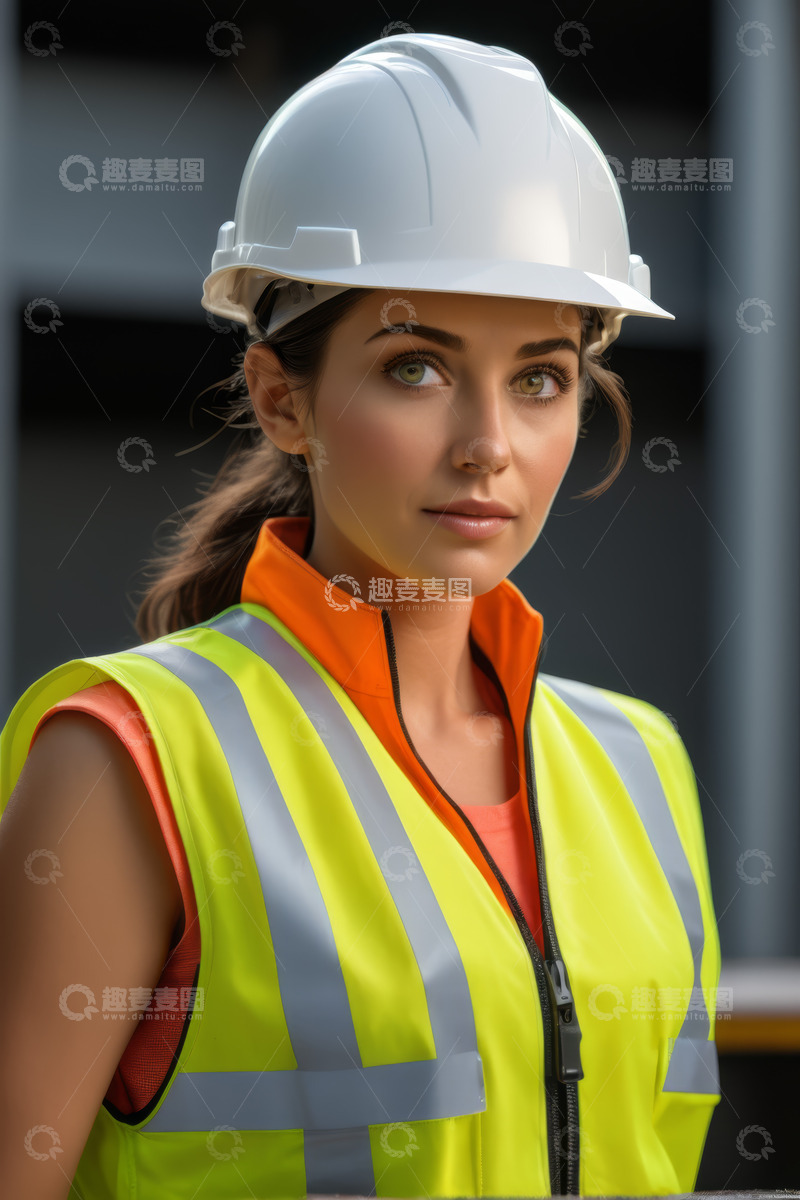 高清大图下载【趣麦麦图】戴安全帽穿反光背心的女性