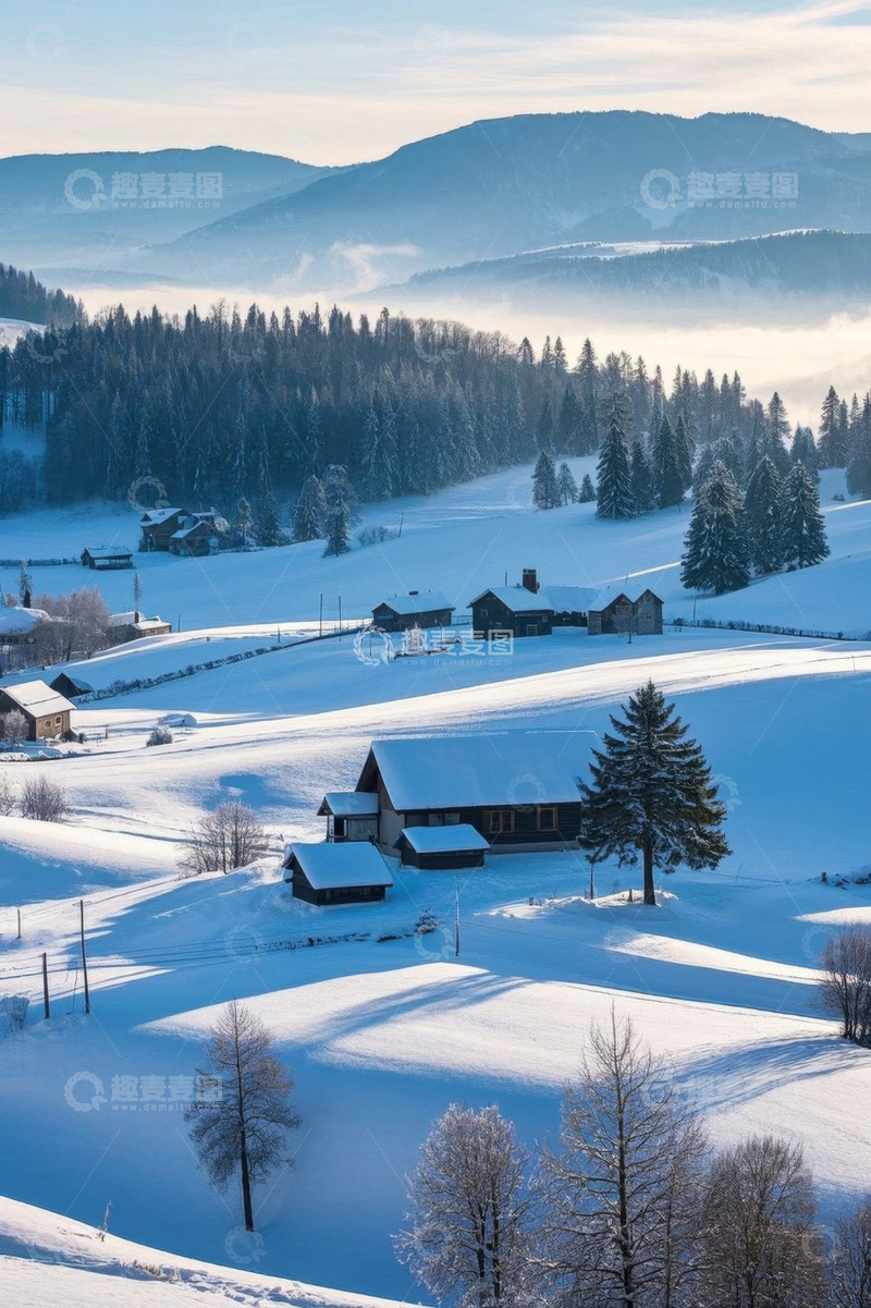 高清大图下载【趣麦麦图】冬日雪山下的村庄风景