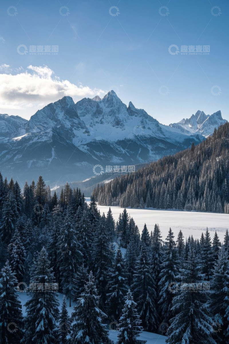 高清大图下载【趣麦麦图】雪山下的森林雪景