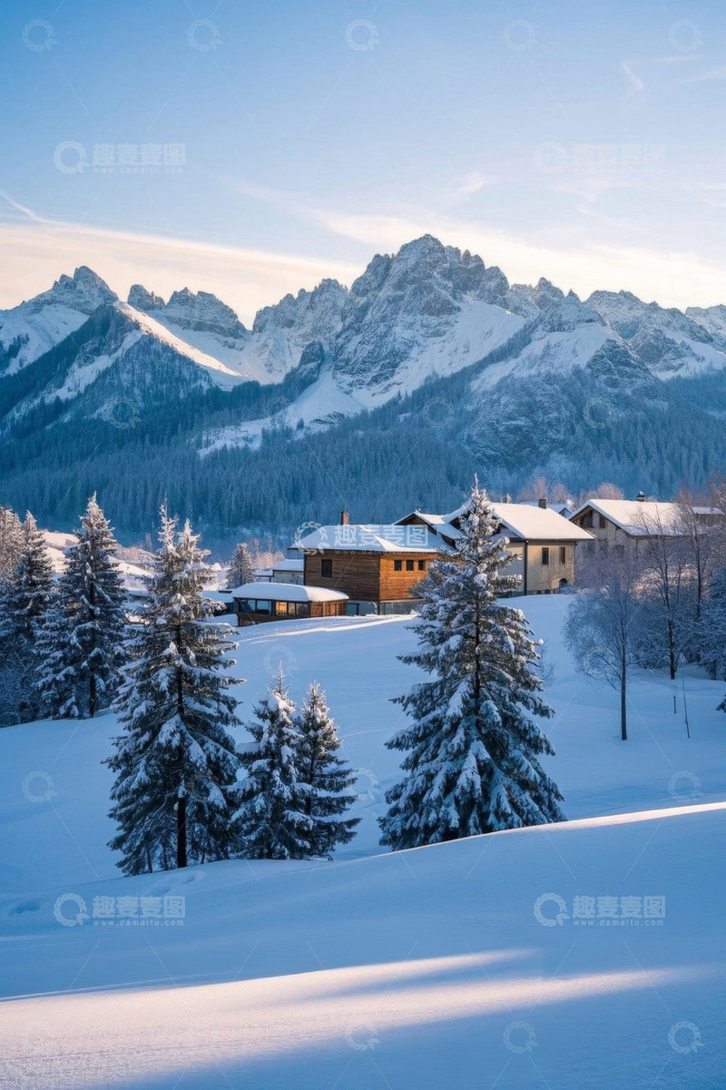 高清大图下载【趣麦麦图】雪山下的雪林木屋冬日景象