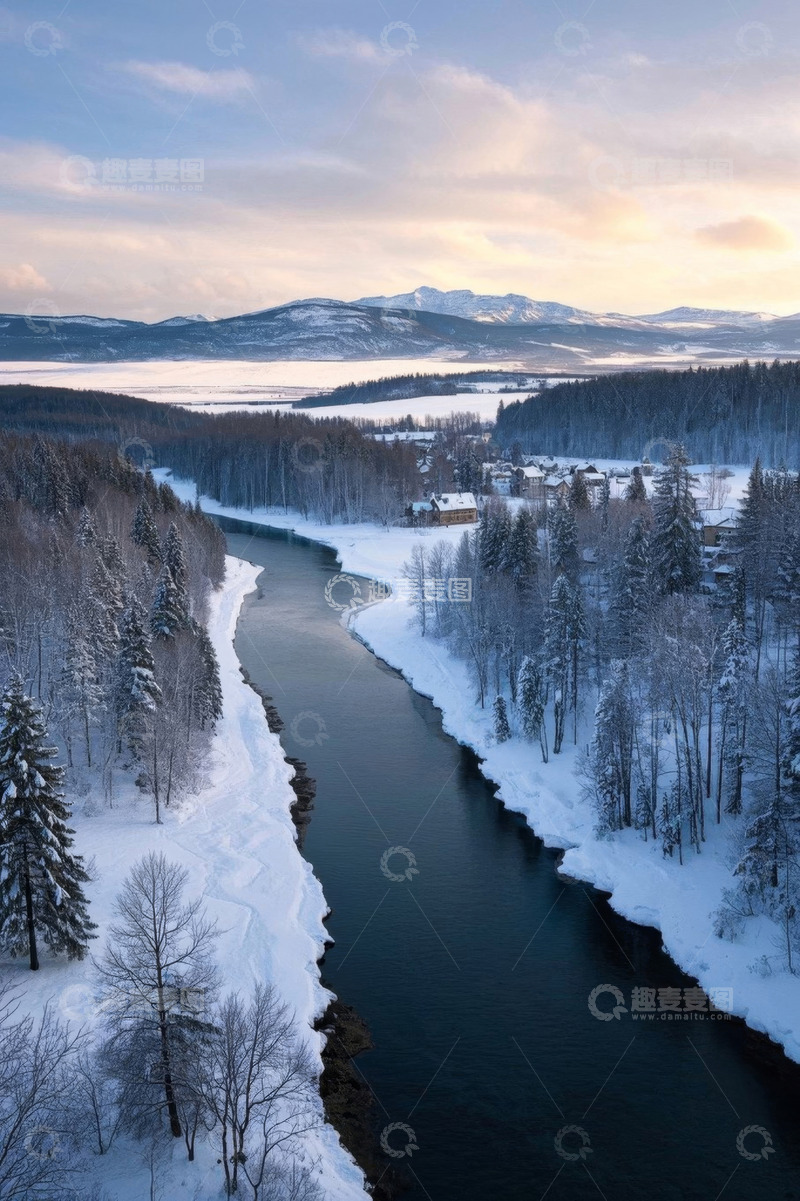 高清大图下载【趣麦麦图】冬季河谷雪景及周边村落
