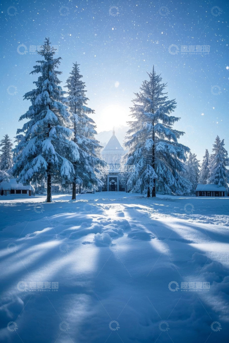 高清大图下载【趣麦麦图】冬日雪景中的雪覆松树与小屋
