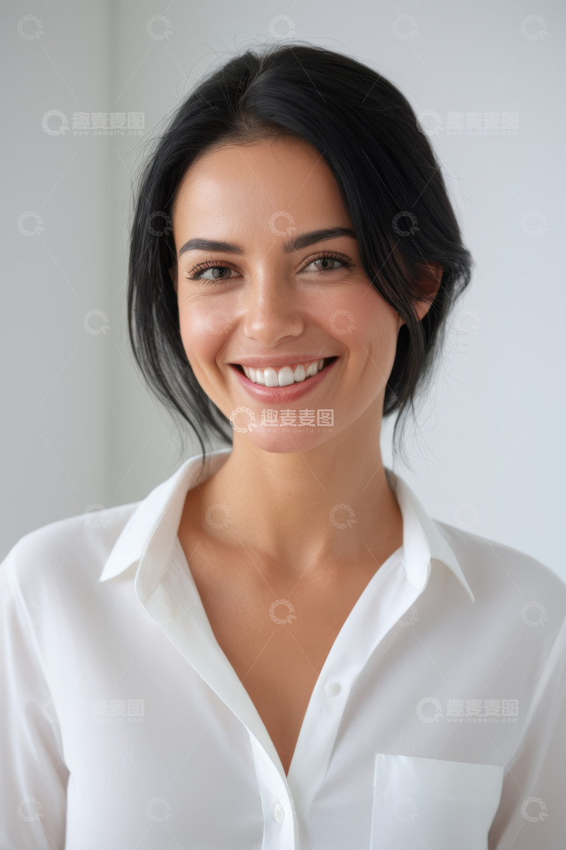 高清大图下载【趣麦麦图】微笑女人白色衬衫肖像照
