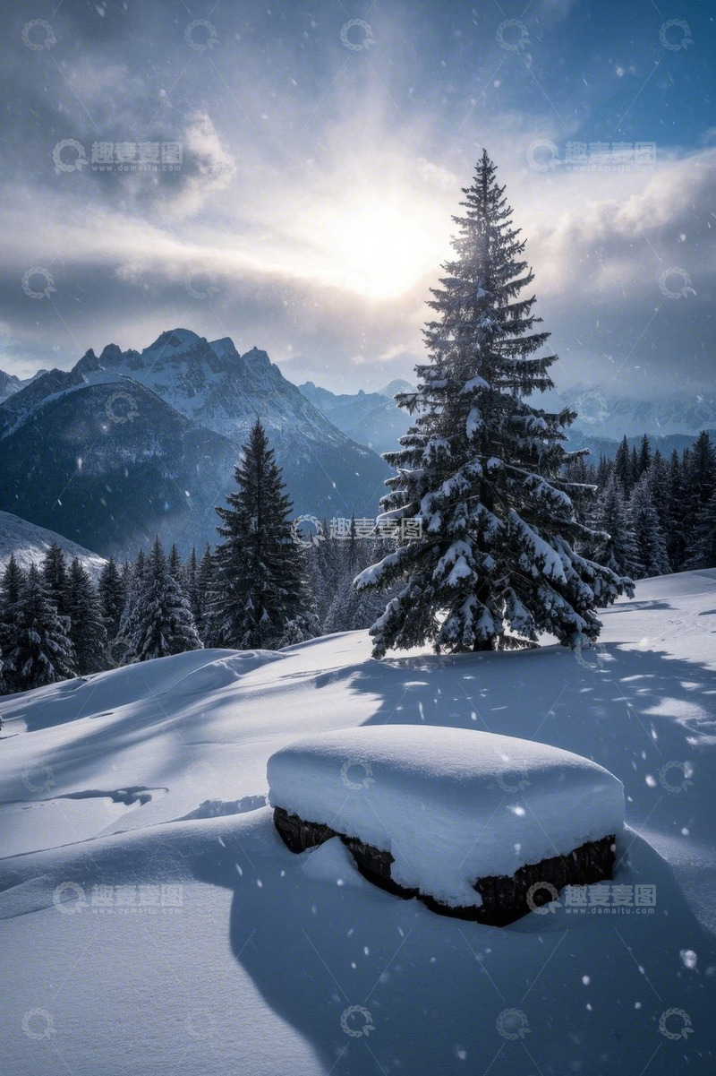 高清大图下载【趣麦麦图】雪山下的雪景与松树林