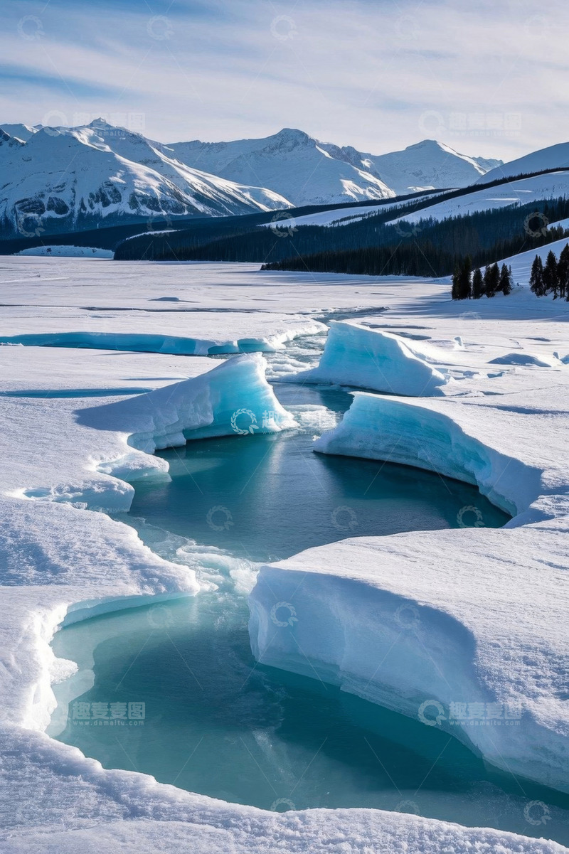高清大图下载【趣麦麦图】雪山下冰封湖面与溪流景观