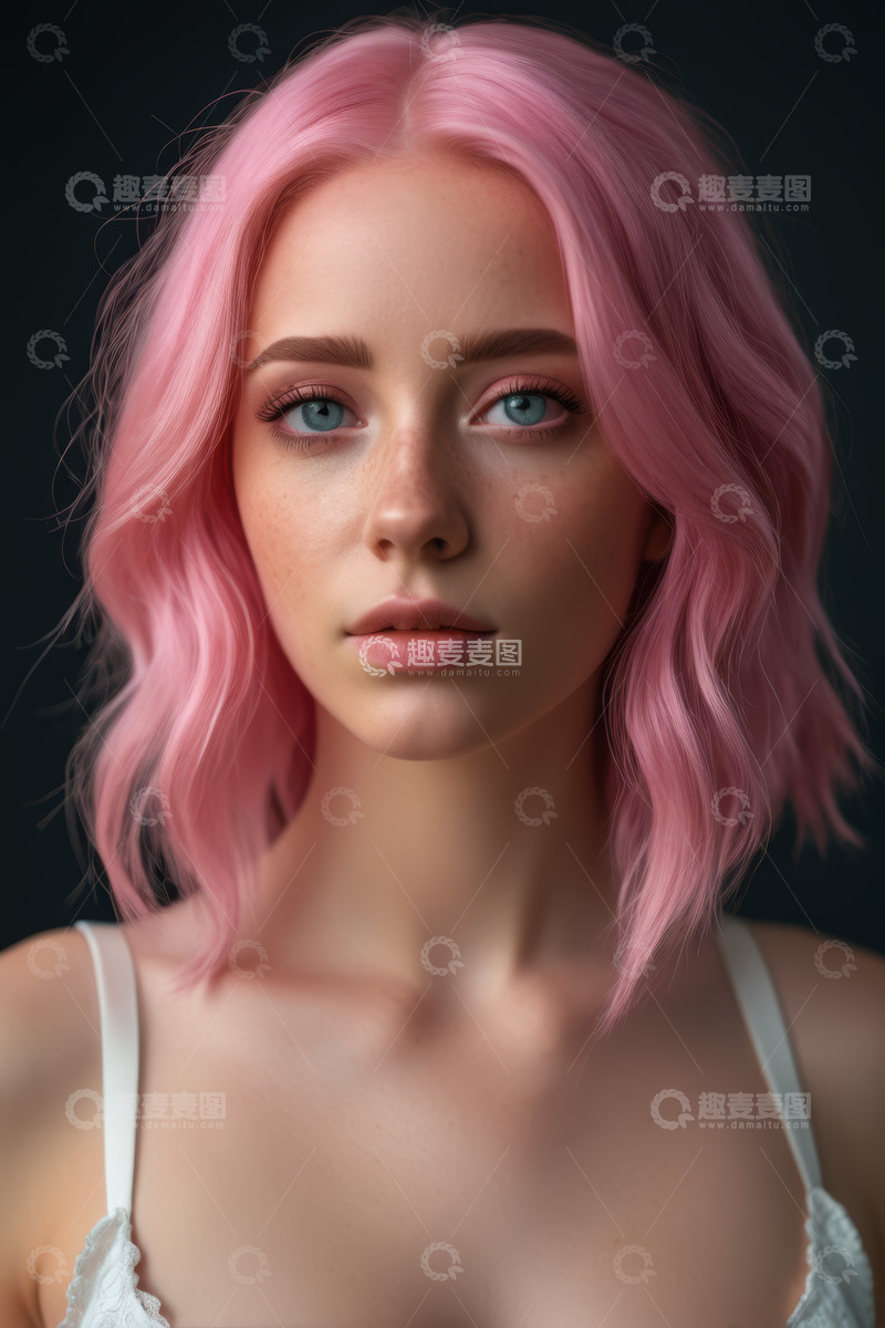 高清大图下载【趣麦麦图】粉发女性肖像特写