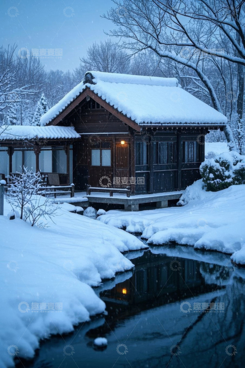 高清大图下载【趣麦麦图】雪中小木屋与溪流景致