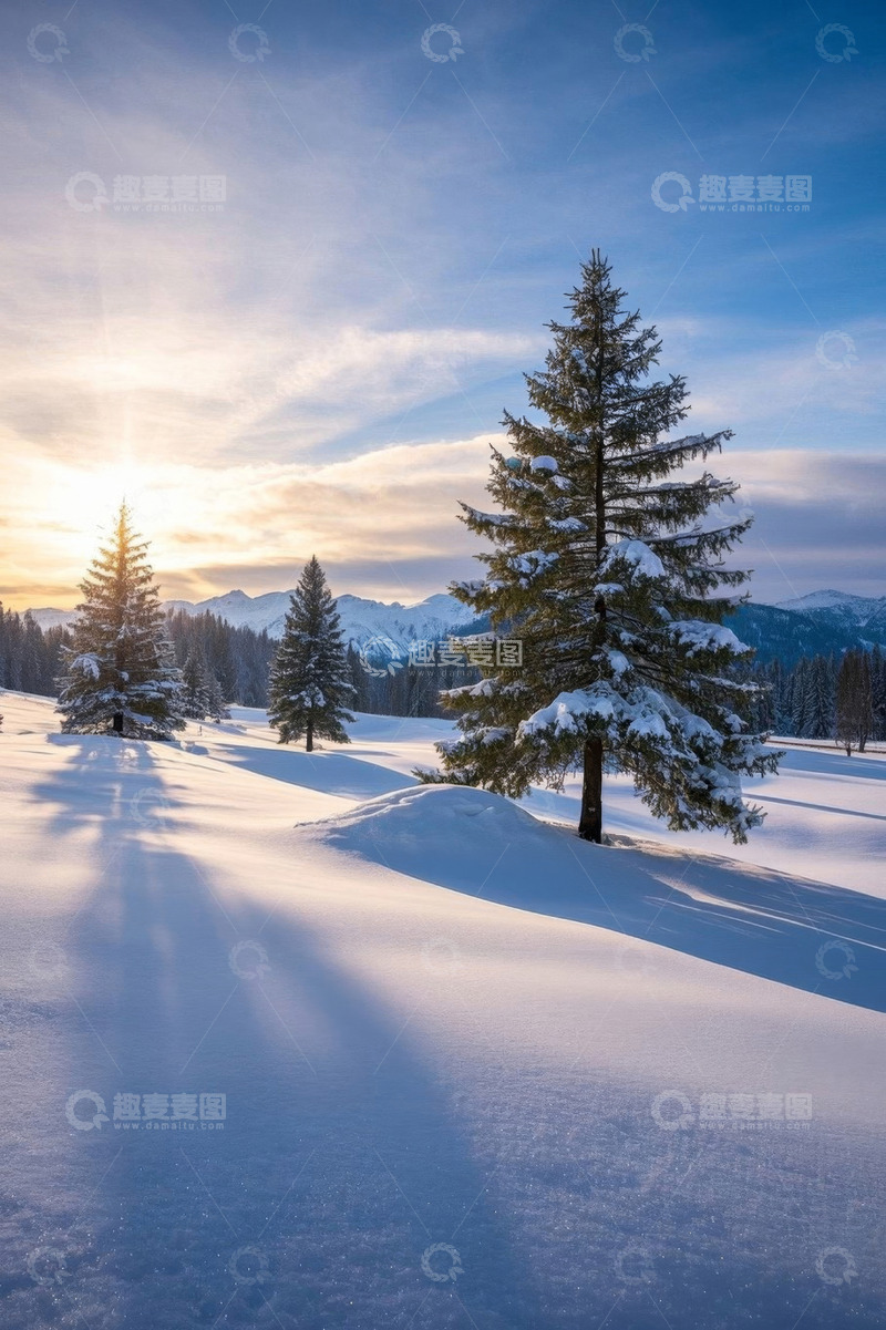 高清大图下载【趣麦麦图】雪地松林与远处雪山风景