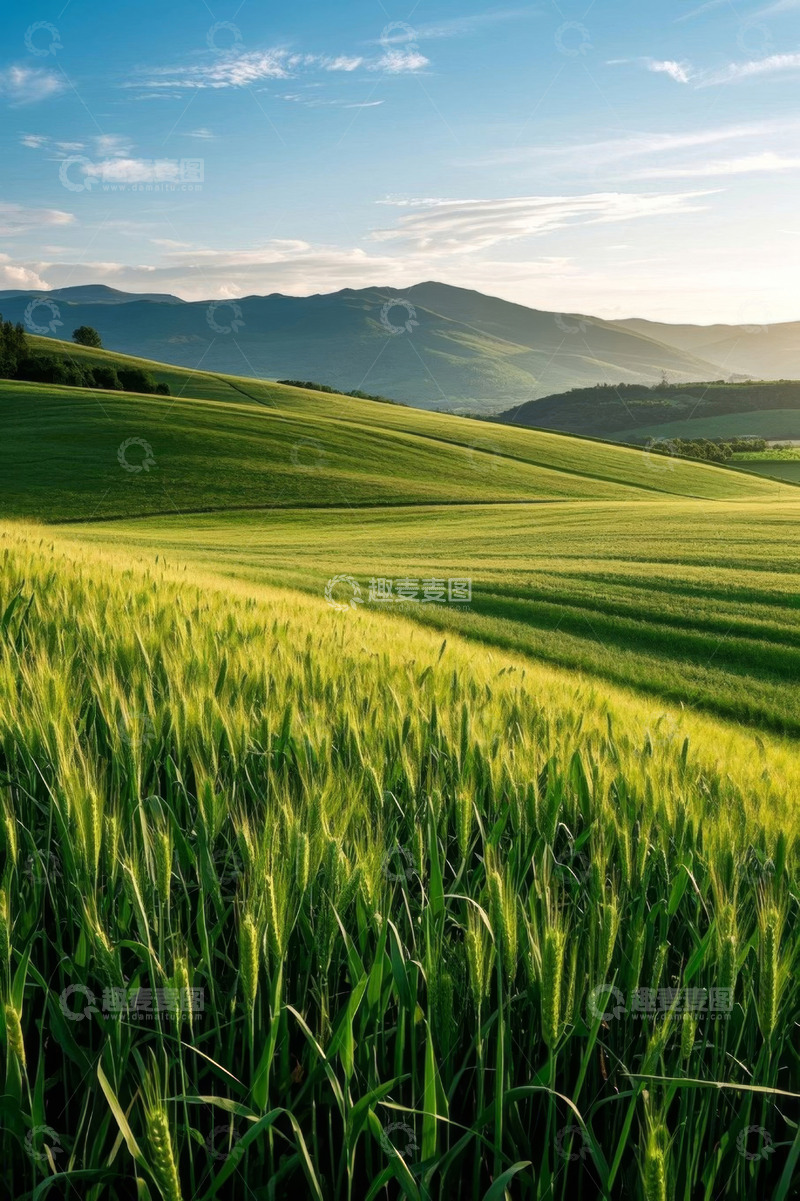 高清大图下载【趣麦麦图】绿色麦田与远山自然风光