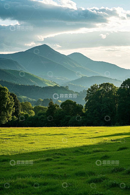 阳光照耀下的山间草原景观