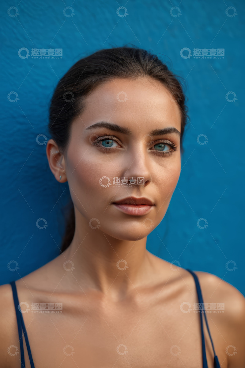高清大图下载【趣麦麦图】蓝墙前年轻女子肖像