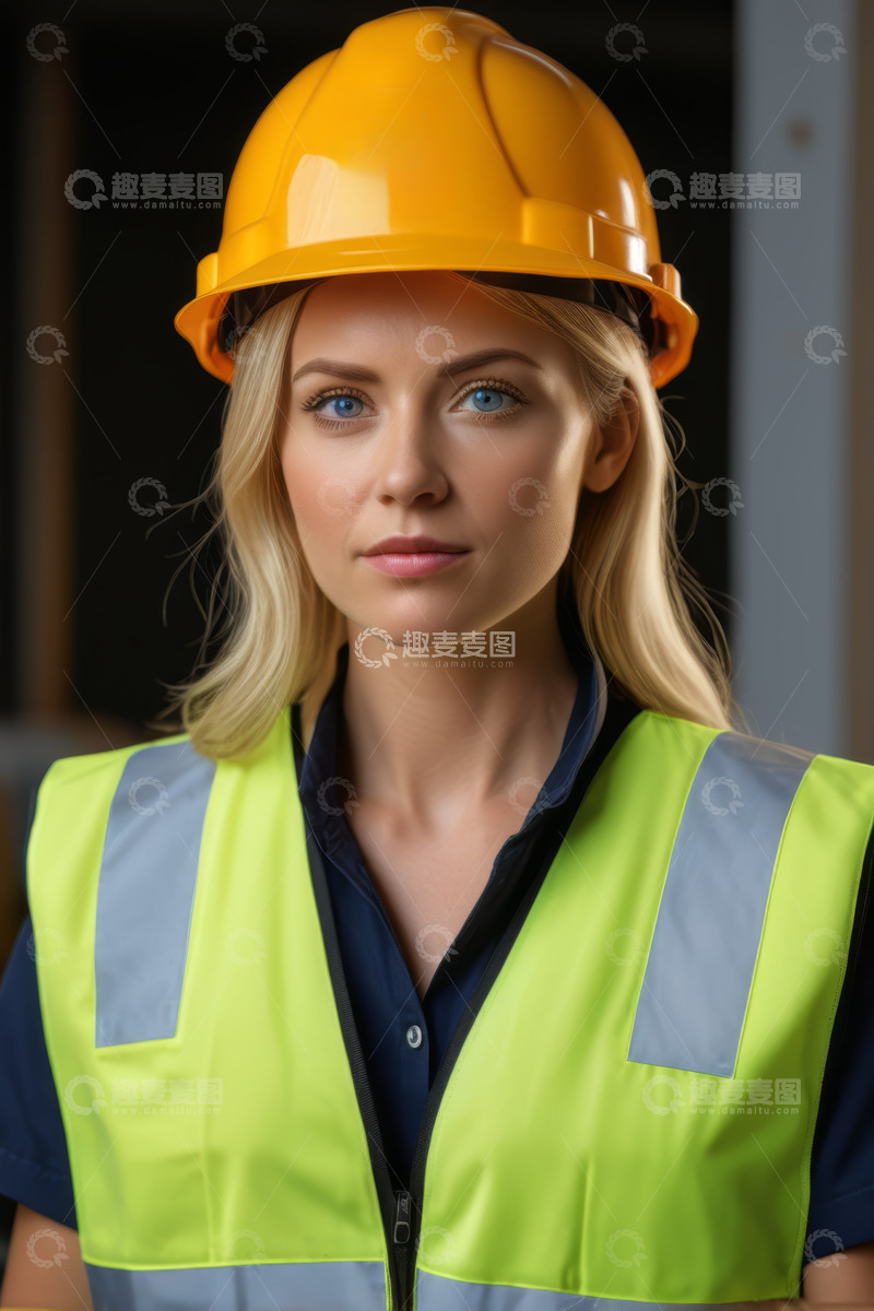 高清大图下载【趣麦麦图】戴安全帽穿反光背心的女性
