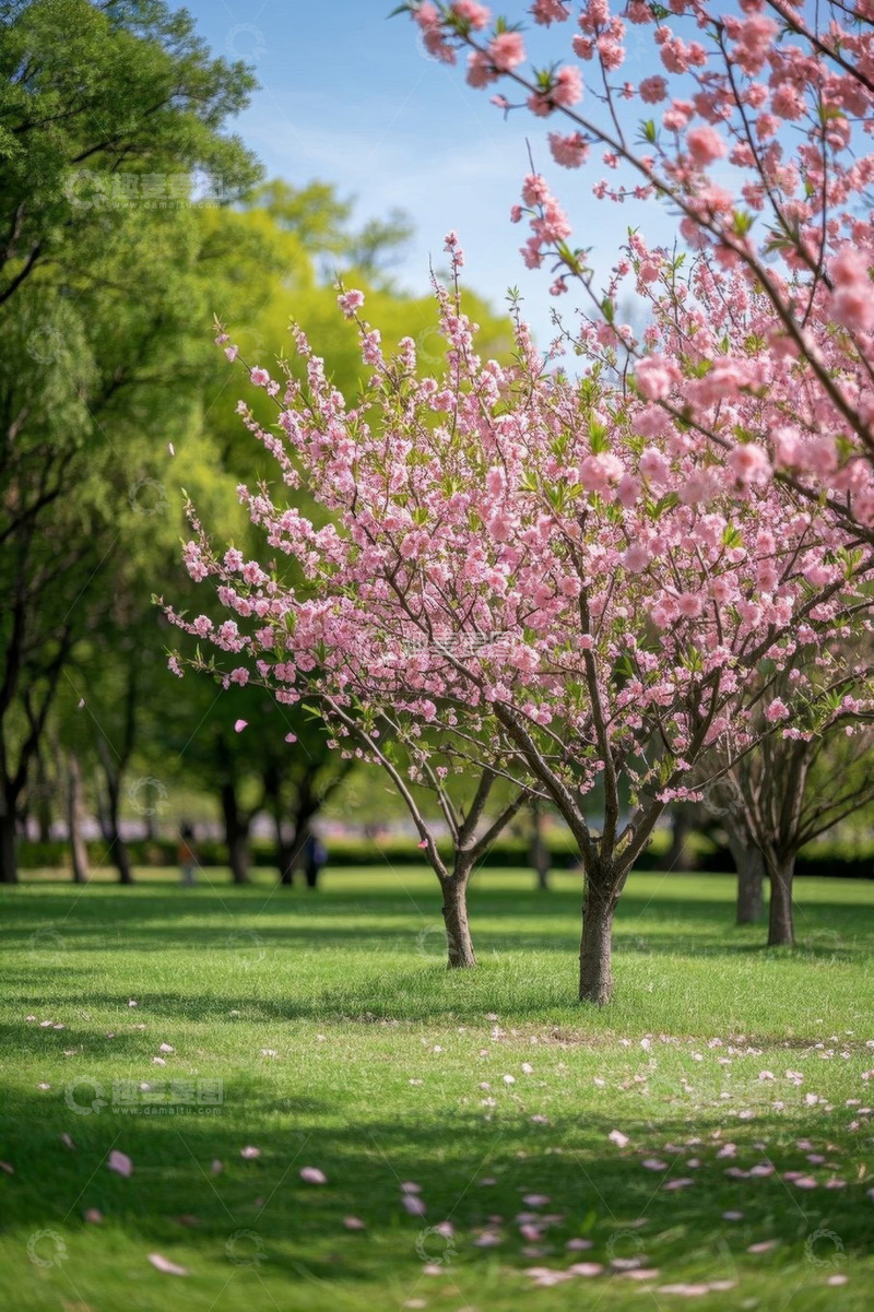 高清大图下载【趣麦麦图】公园草地盛开的粉色樱花树