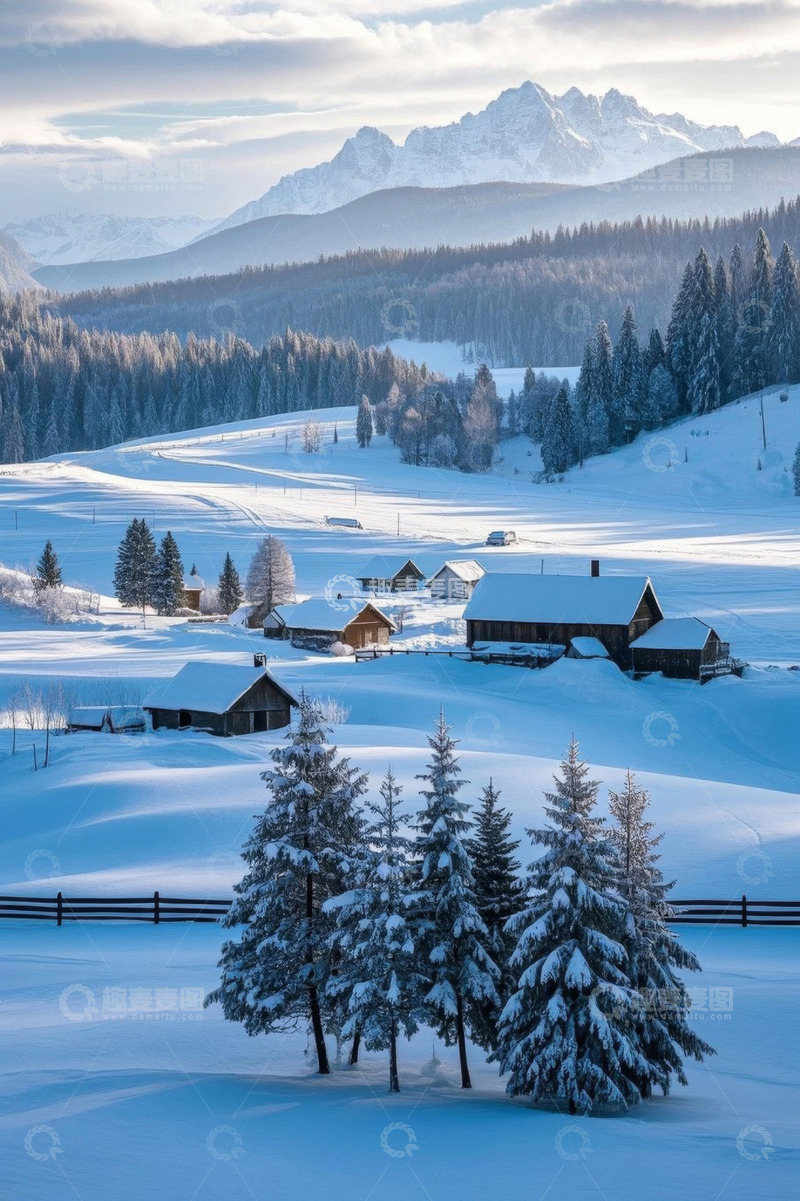高清大图下载【趣麦麦图】雪中山村与森林景观
