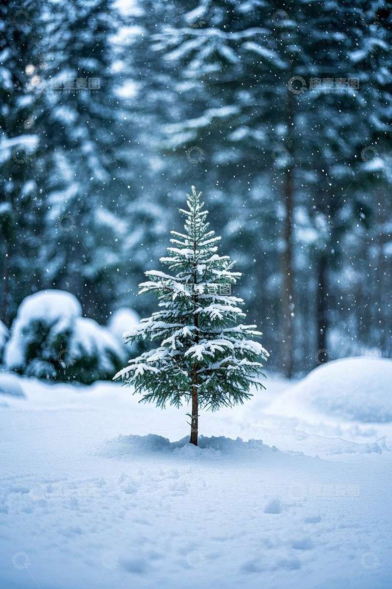 高清大图下载【趣麦麦图】雪中森林里的小松树