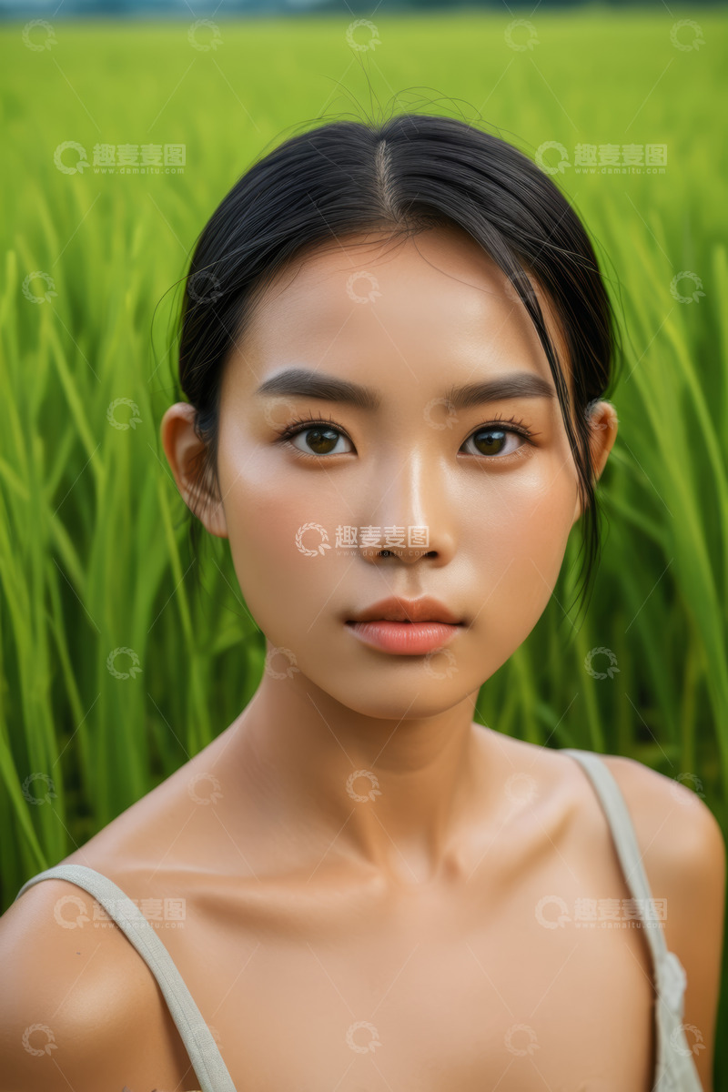 高清大图下载【趣麦麦图】稻田前的亚洲女性肖像