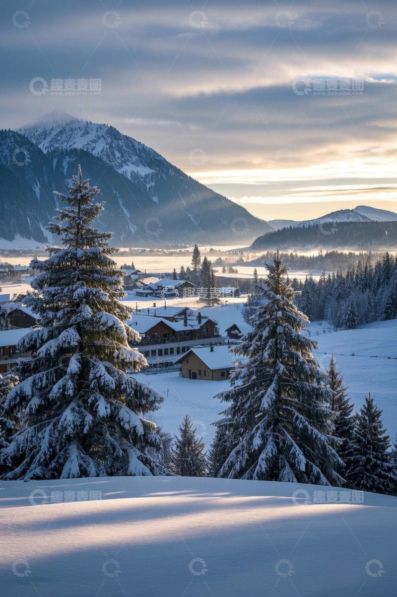 高清大图下载【趣麦麦图】雪山下的冬日乡村雪景